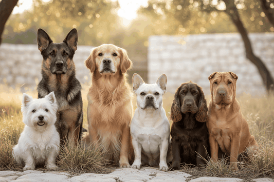Razas de perros asociadas a alergias en perros: seis perros de distintos tamaños y colores, juntos al aire libre