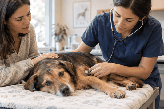 Perro mestizo de pelaje marrón y negro recibe atención veterinaria; Envenenamiento en perros requiere actuar con rapidez.