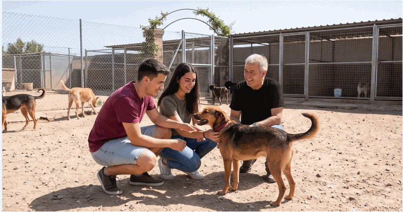 Guía Completa para Adoptar un Perro rua infinity: familia conoce a un perro mestizo marrón y negro en un refugio