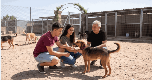 Guía Completa para Adoptar un Perro rua infinity: familia conoce a un perro mestizo marrón y negro en un refugio