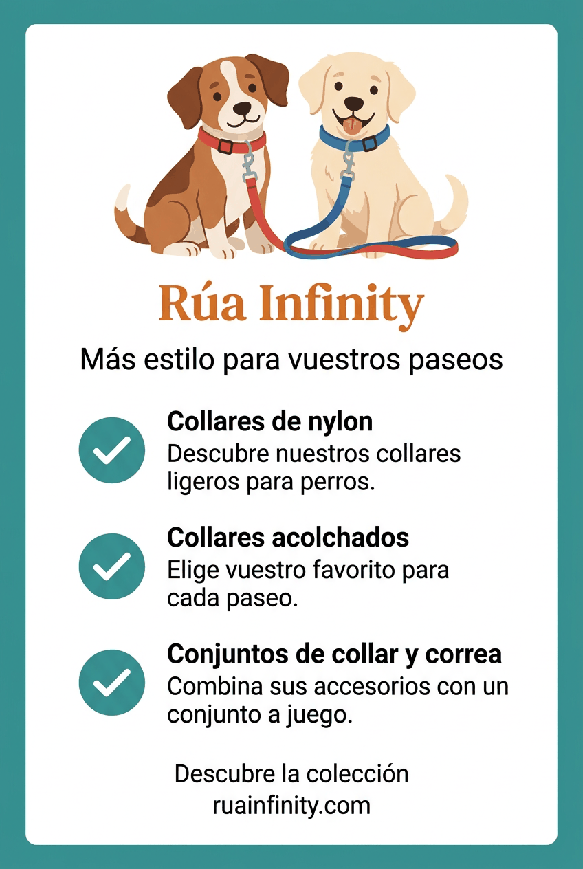 Historia de Rúa Infinity en un cartel ilustrado con dos perros y texto sobre collares de nylon, collares acolchados y conjuntos de paseo.
