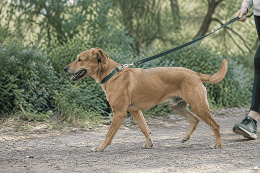 Perro marrón de pelo corto con collar y correa, caminando relajado durante un paseo; lenguaje canino corporal atento.
