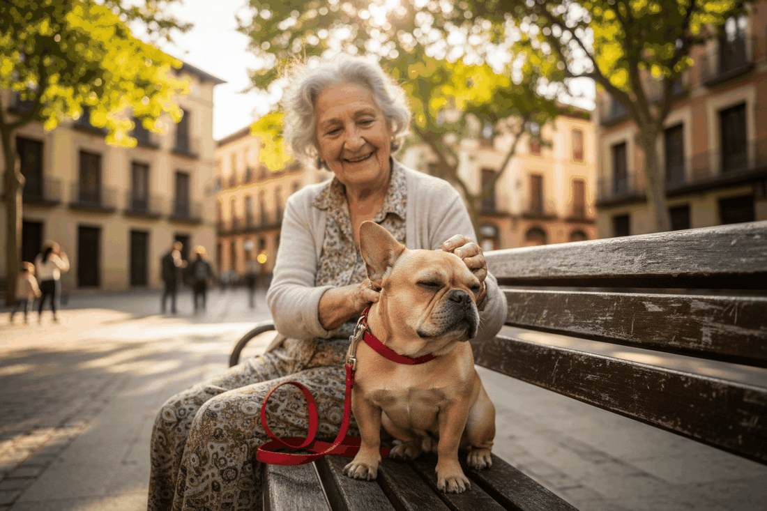 mejor raza de perros: mujer mayor acaricia a un bulldog francés de pelaje beige con collar rojo y correa a juego.