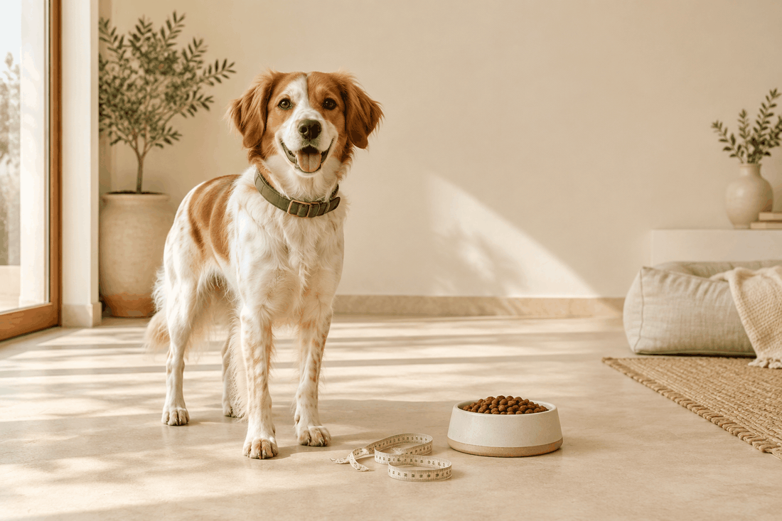 Perro mediano de pelaje blanco y marrón con collar, junto a un cuenco de pienso y una cinta métrica; Peso ideal y comida para perros.