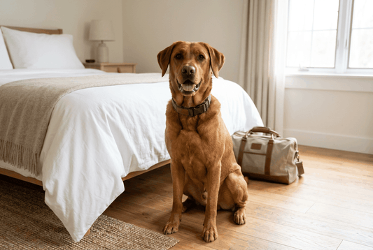 Viajar con perro en un hotel: labrador marrón con collar azul sentado junto a una cama y una bolsa de viaje