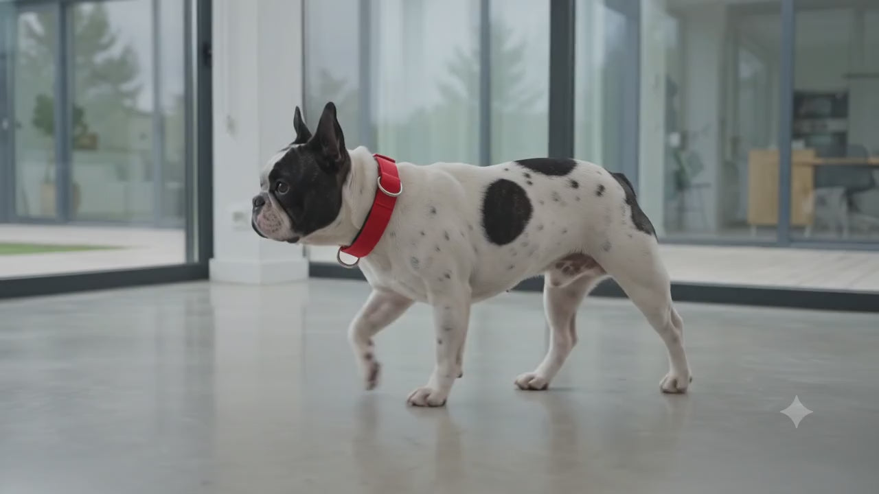 Vídeo de perro Bulldog Francés caminando en casa con collar rojo RÚA INFINITY