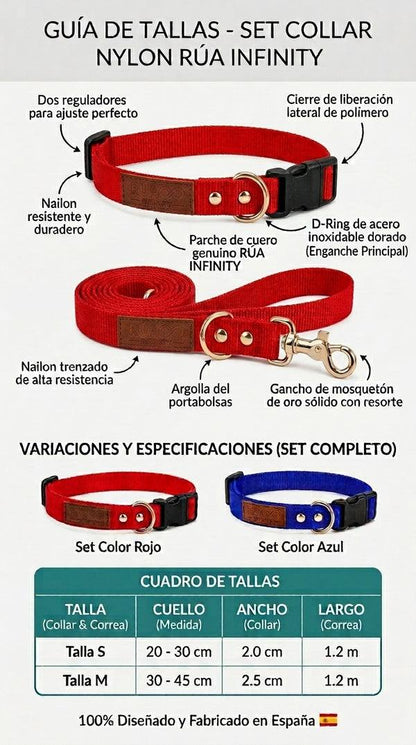 Set collar y correa para perro de nylon trenzado rojo y azul, con detalles de cuero, herrajes metálicos y hebilla ajustable.